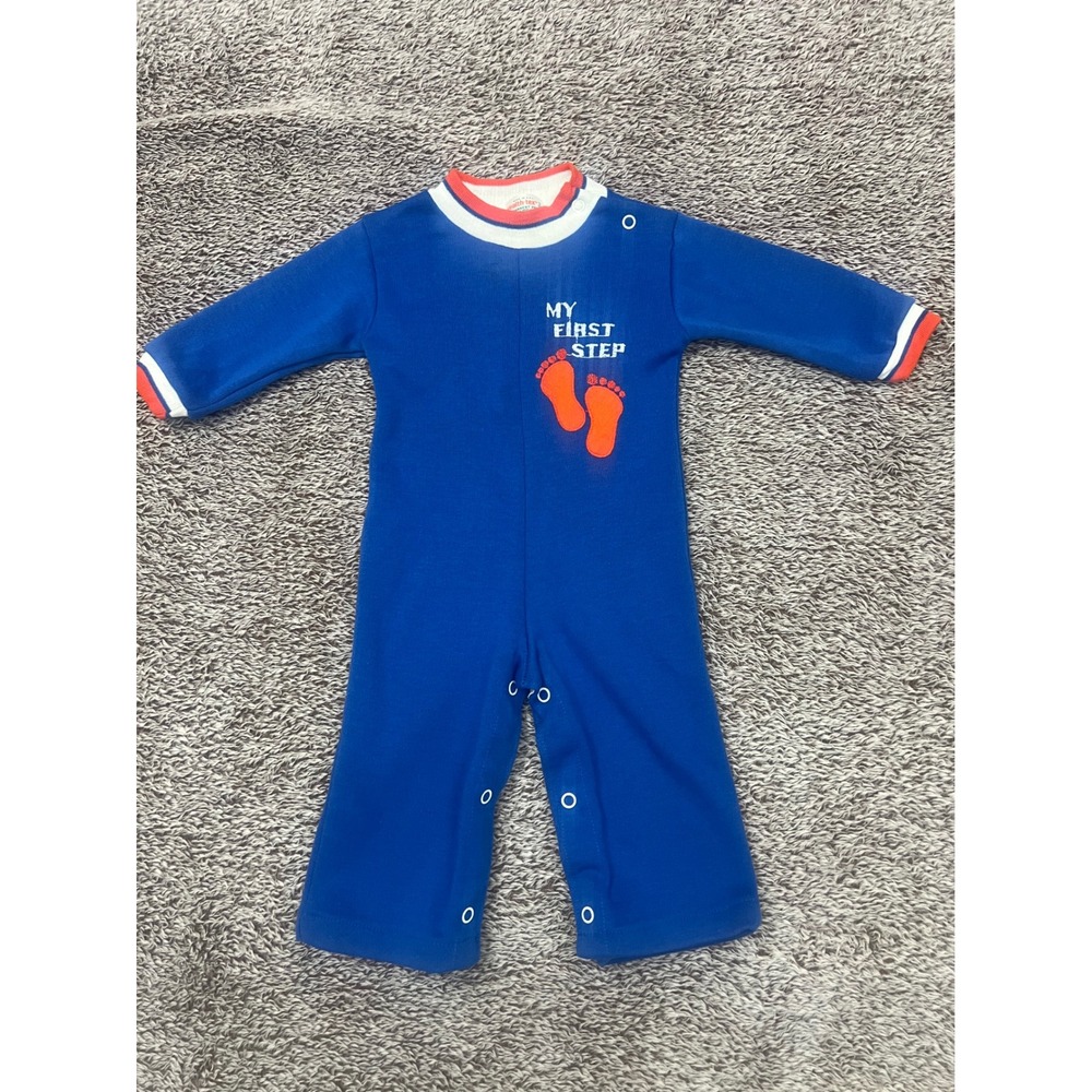 Vintage Health-Tex Baby 12M Romper My First Step Blue USA Made 80s Snap